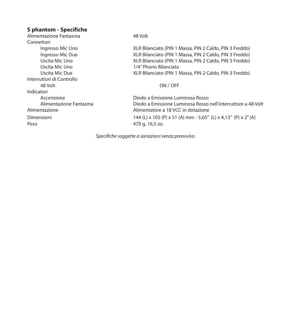 S phantom - specifiche | Samson S. phantom S Class User Manual | Page 30 / 32