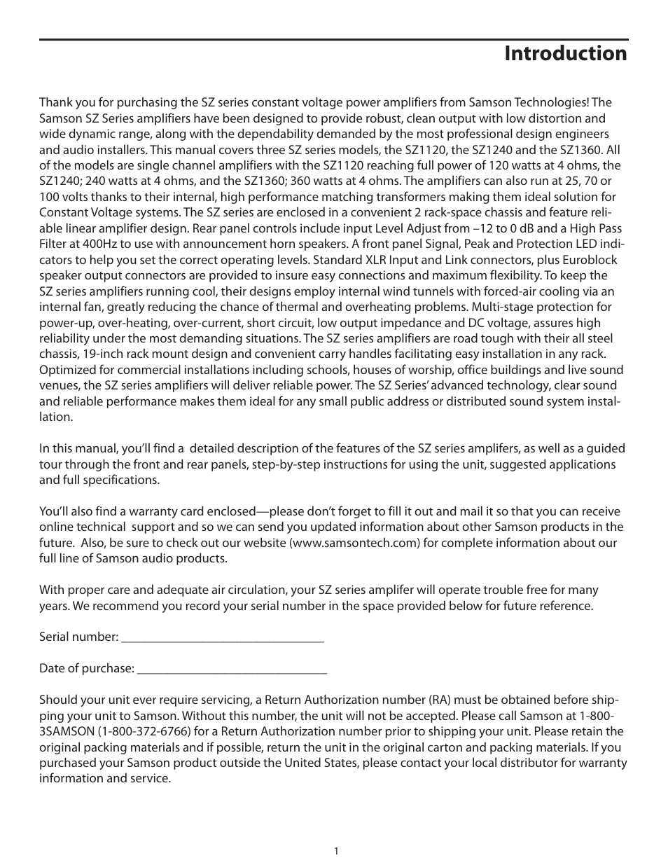 Introduction | Samson POWER AMPLIFERS SZ1120 User Manual | Page 5 / 20