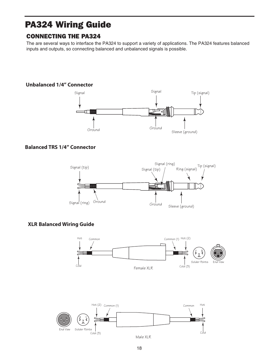 Pa324 wiring guide, Connecting the pa324, Balanced trs 1/4” connector | Samson PA324 User Manual | Page 20 / 23