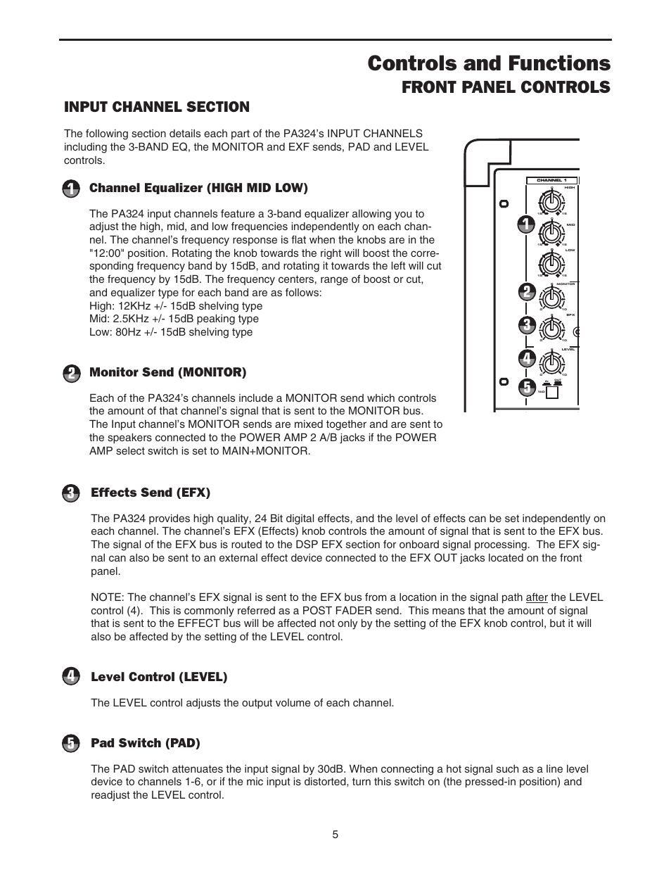 Front panel controls, Controls and functions, Channel equalizer (high mid low) | Monitor send (monitor), Effects send (efx), Level control (level), Pad switch (pad) | Samson PA324 User Manual | Page 7 / 23