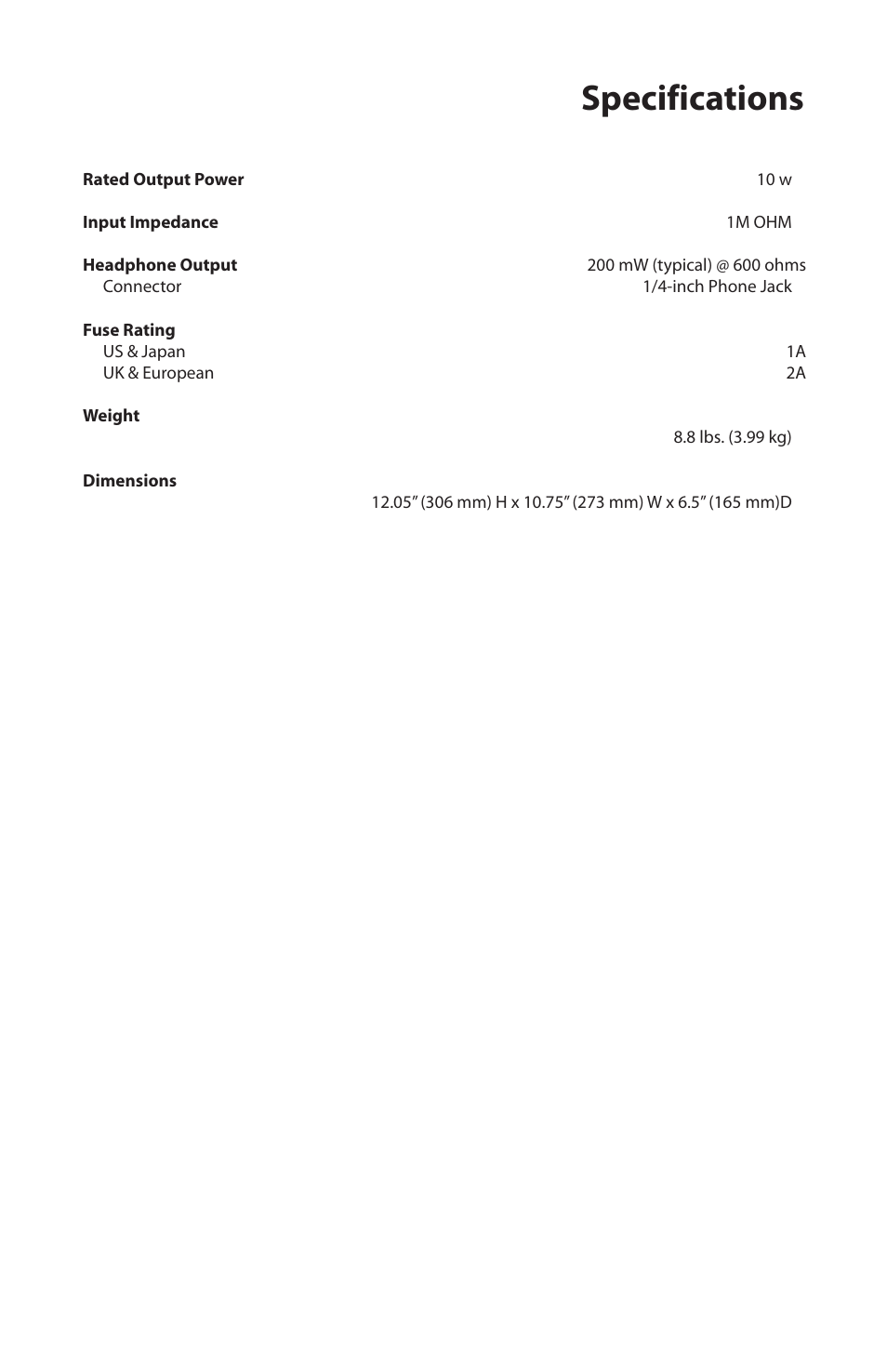 Specifications | Samson 10 Watt Guitar Combo G10 User Manual | Page 11 / 12