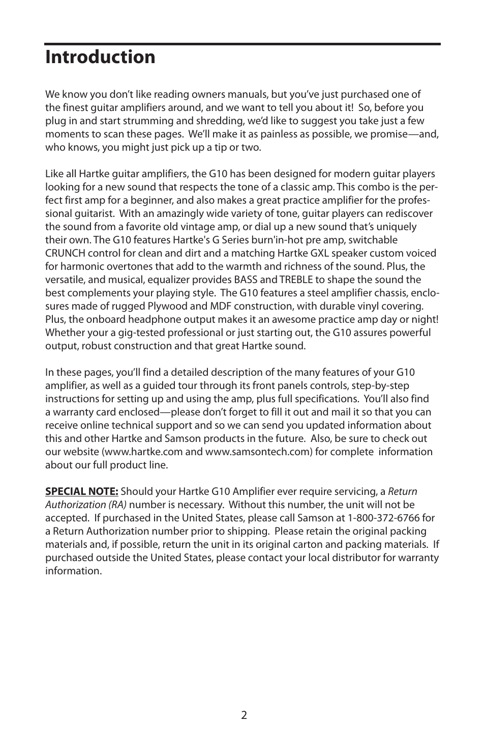 Introduction | Samson 10 Watt Guitar Combo G10 User Manual | Page 4 / 12