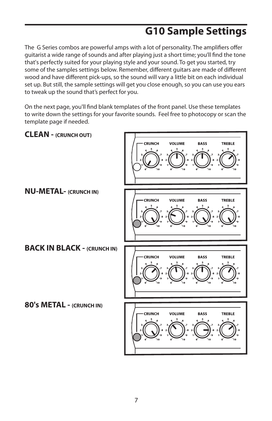 G series sample settings, G10 sample settings, Clean | Nu-metal, Back in black, 80's metal | Samson 10 Watt Guitar Combo G10 User Manual | Page 9 / 12