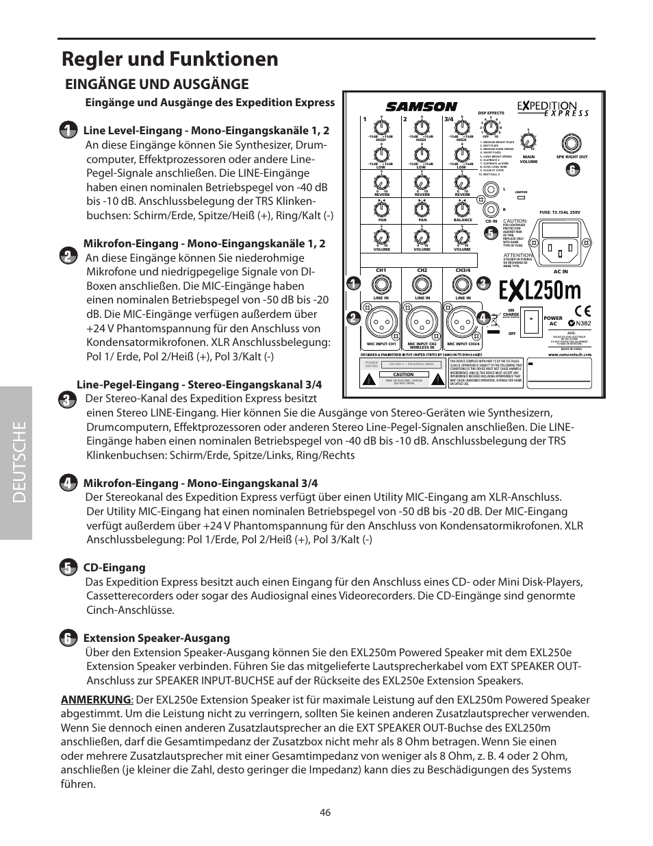 Regler und funktionen, Deut sche | Samson EXL250 User Manual | Page 50 / 76