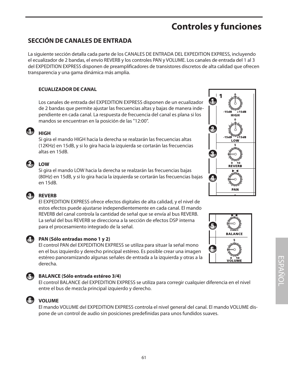 Controles y funciones, Esp añol | Samson EXL250 User Manual | Page 65 / 76