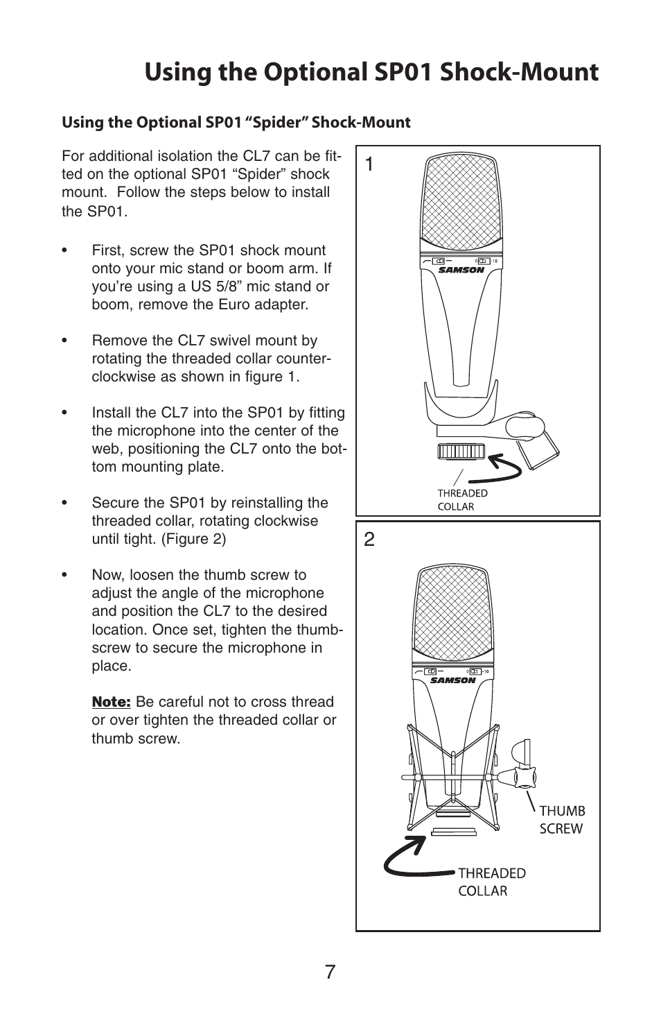 Using the optional sp01 shock-mount | Samson CL7 User Manual | Page 7 / 8