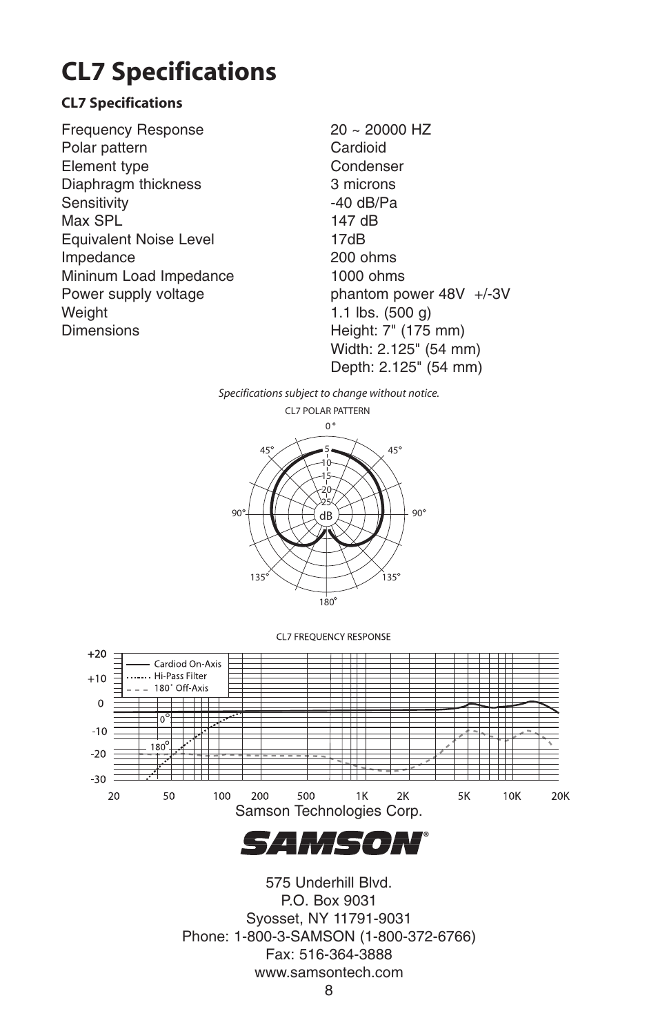 Cl7 specifications | Samson CL7 User Manual | Page 8 / 8