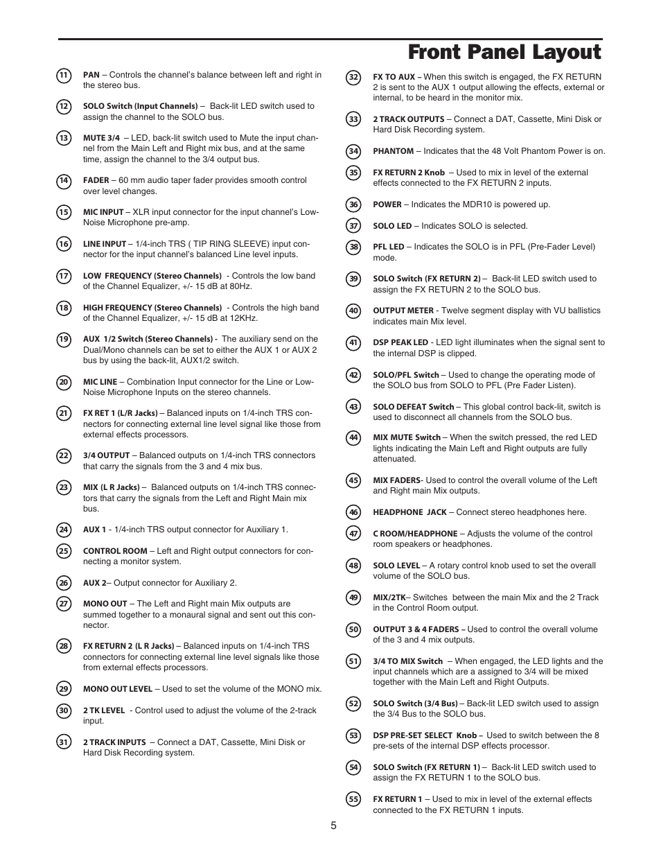 Front panel layout | Samson MDR10 User Manual | Page 7 / 28