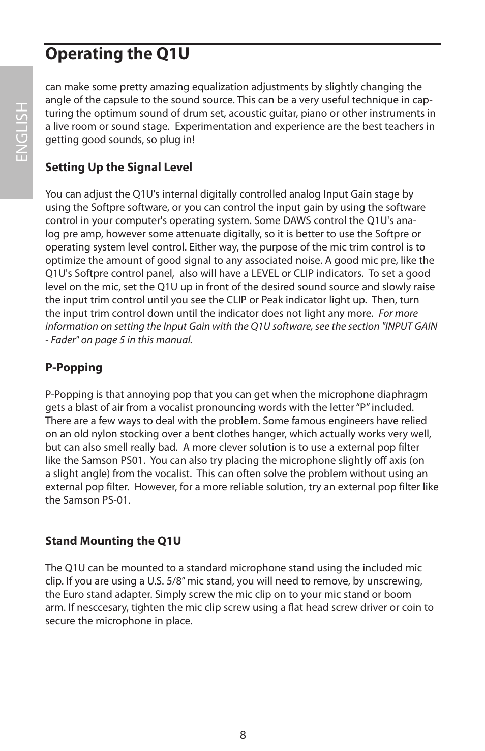 Operating the q1u, English | Samson Q1U User Manual | Page 12 / 52