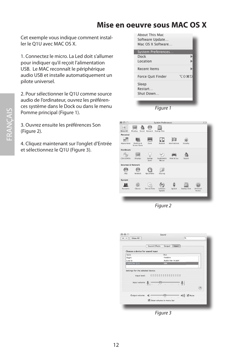 Mise en oeuvre sous mac os x, Fr anç ais | Samson Q1U User Manual | Page 16 / 52