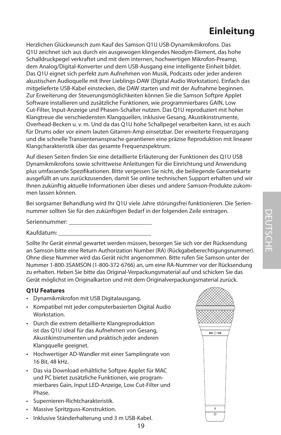 Einleitung, Deut sche | Samson Q1U User Manual | Page 23 / 52