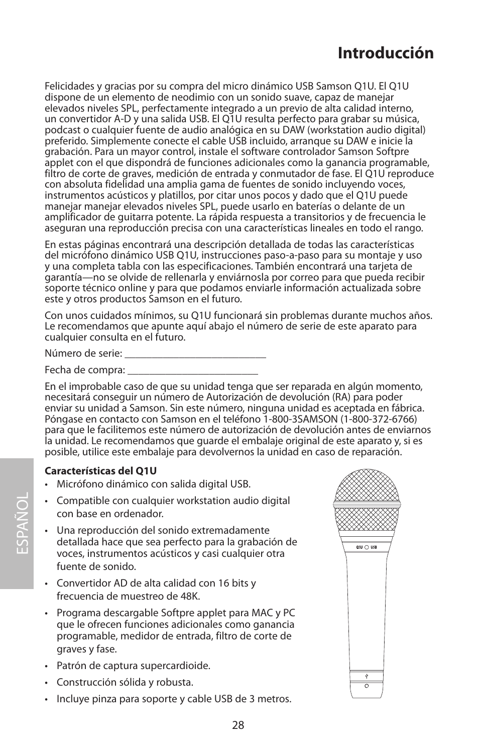 Introducción, Esp añol | Samson Q1U User Manual | Page 32 / 52
