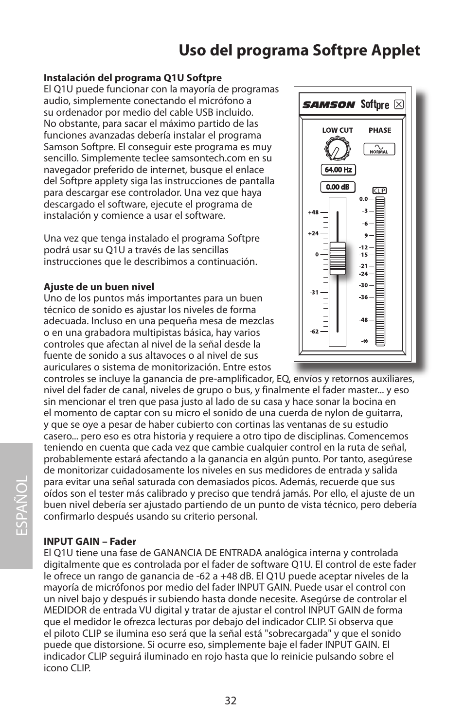 Uso del programa softpre applet, Esp añol | Samson Q1U User Manual | Page 36 / 52