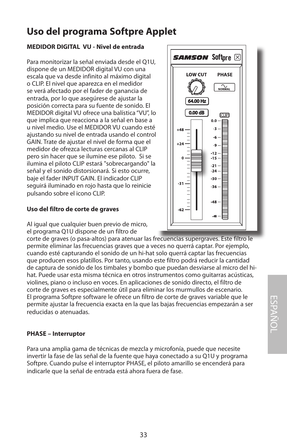 Uso del programa softpre applet, Esp añol | Samson Q1U User Manual | Page 37 / 52