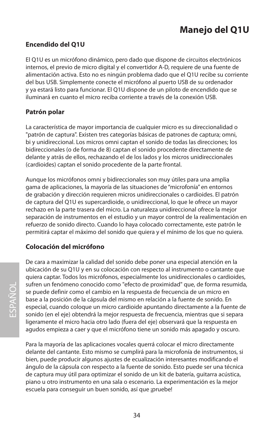 Manejo del q1u, Esp añol | Samson Q1U User Manual | Page 38 / 52