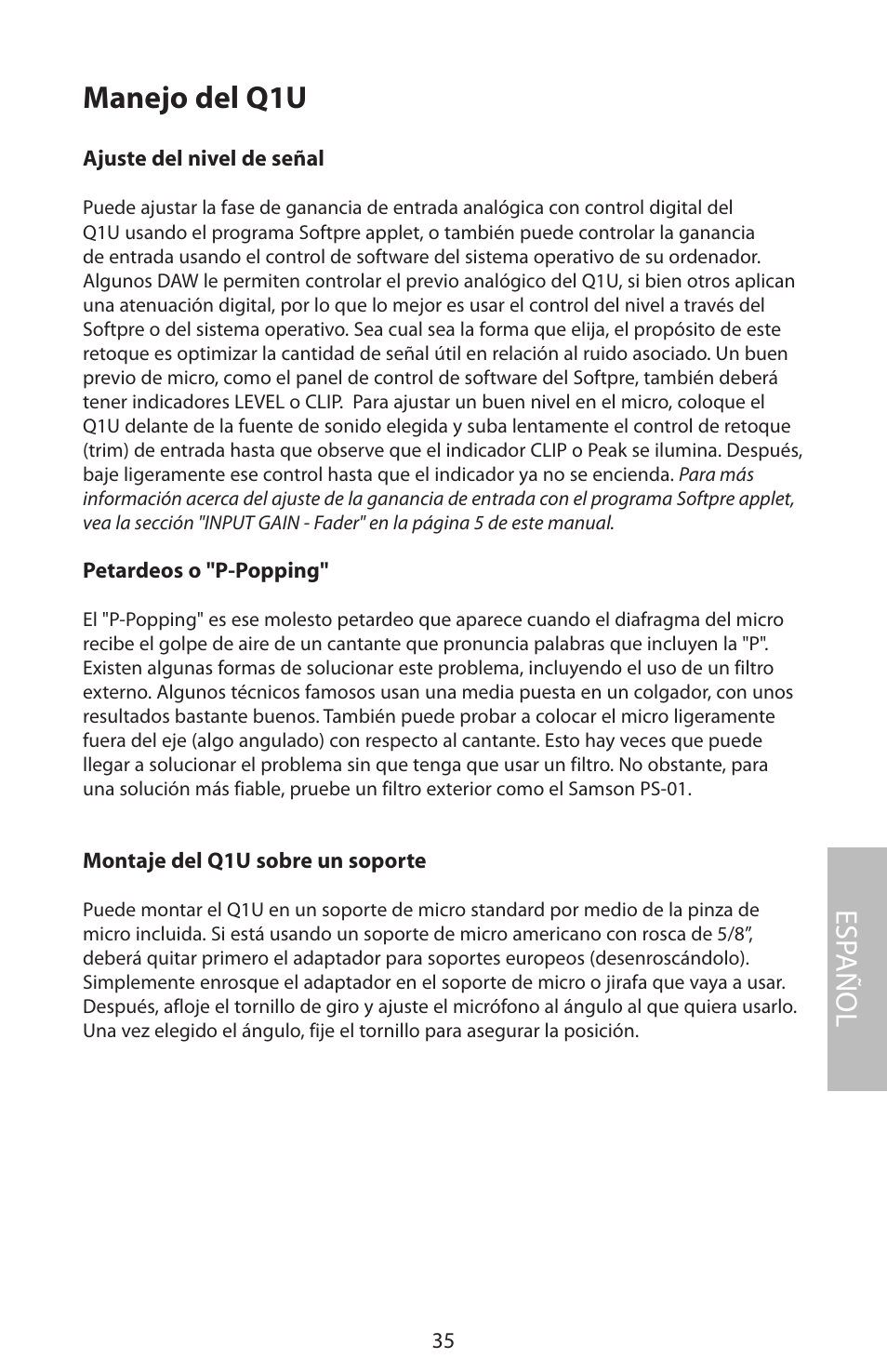 Manejo del q1u, Esp añol | Samson Q1U User Manual | Page 39 / 52