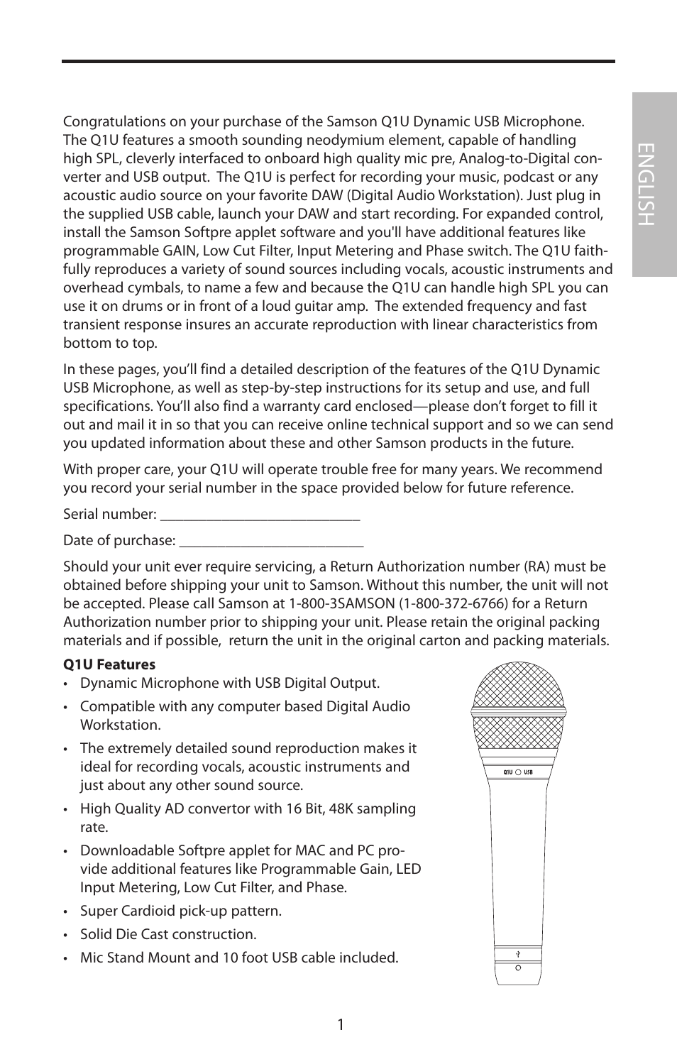 English | Samson Q1U User Manual | Page 5 / 52