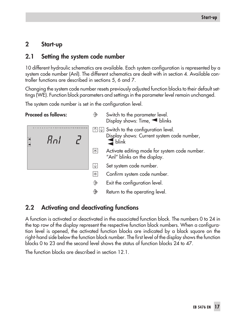 2 start-up 17, 1 set ting the sys tem code num ber 17, 2 acti va ting and deac ti va ting functions 17 | Con fi gu ra ti on le vel 17, Start-up 17 - 21, Sys tem code num ber 17, Start-up, Setting the system code number, Activating and deactivating functions, 2start-up 2.1 setting the system code number | Samson 5476 User Manual | Page 17 / 114
