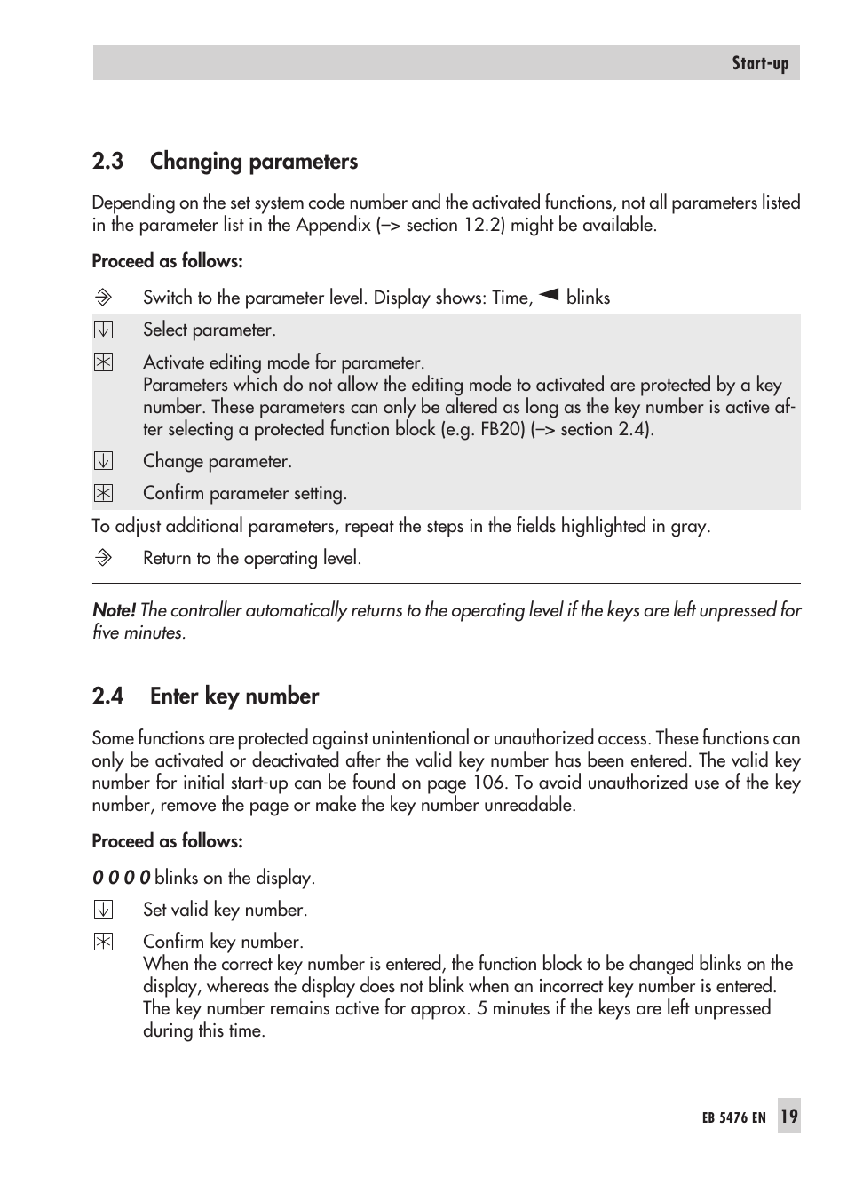 3 chan ging para me ters 19, 4 enter key num ber 19, Key num ber 19 | En te ring 19, Pa ra me ter le vel 19, Pa ra me ters 19, Changing parameters, Enter key number, 3 changing parameters, 4 enter key number | Samson 5476 User Manual | Page 19 / 114