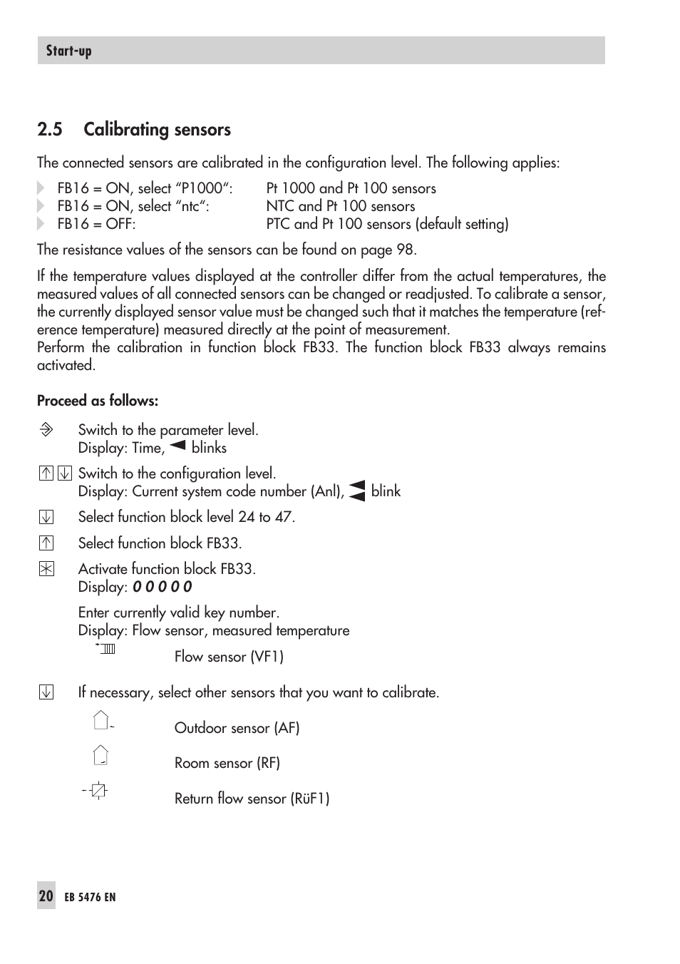 5 cali bra ting sen sors 20, Ca li bra ting sen sors 20, Sen sor ca li brat ion 20 | Calibrating sensors | Samson 5476 User Manual | Page 20 / 114