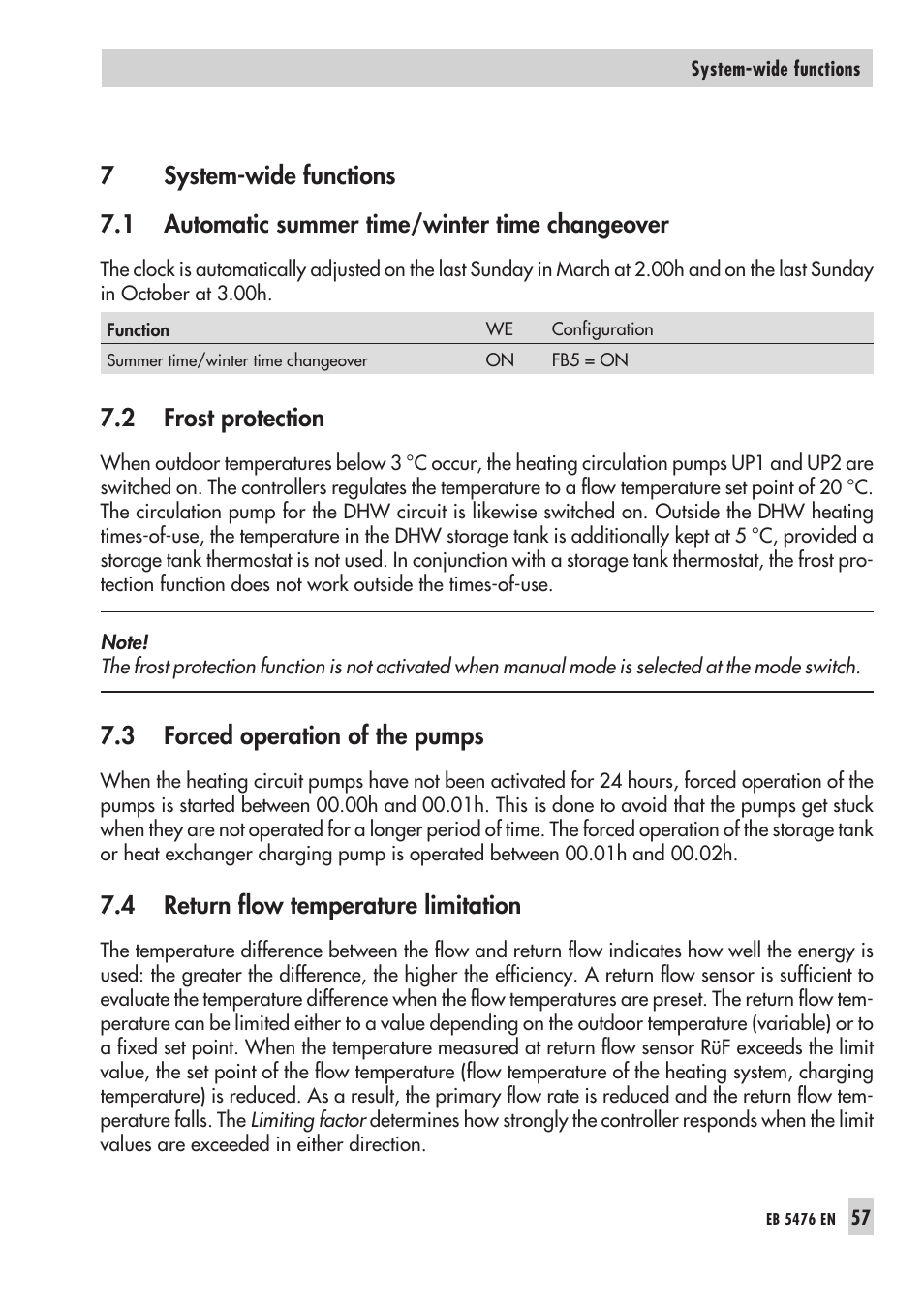 7 sys tem-wide functions 57, 2 frost pro tec tion 57, 3 for ced ope ra tion of the pumps 57 | 4 return flow tem pe ra ture limi ta tion 57, For ced ope ra ti on, pumps 57, Frost pro tec ti on 57, Re turn flow tem pe ra tu re li mi ta tion 57, Sum mer time/win ter time chan geo ver 57, System-wide functions, Automatic summer time/winter time changeover | Samson 5476 User Manual | Page 57 / 114