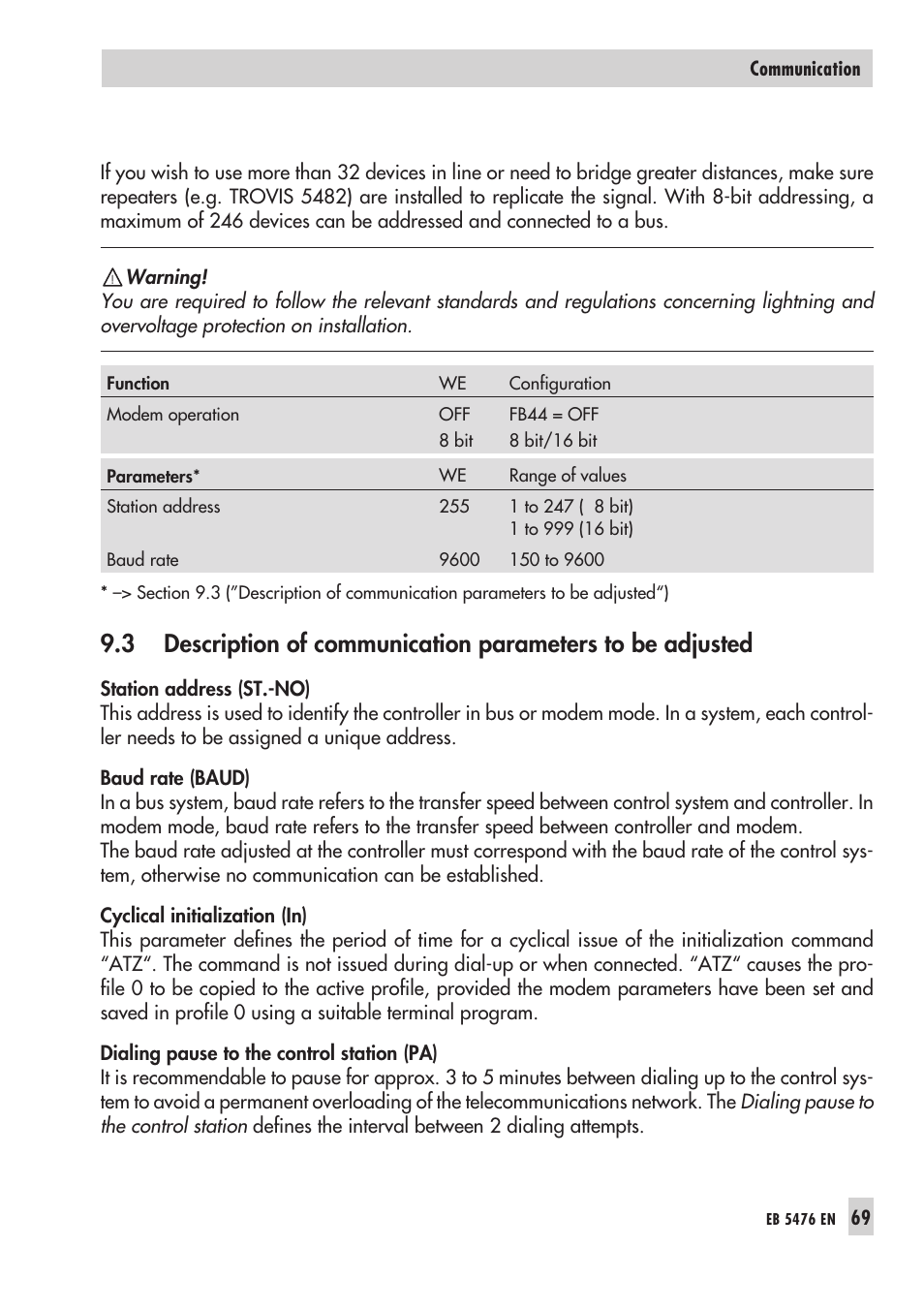 Baud rate 69, Com mu ni ca ti on pa ra me ters 69, Cy cli cal in itia li za ti on 69 | Mo dem dia ling pau se 69, Sta ti on ad dress 69 | Samson 5476 User Manual | Page 69 / 114