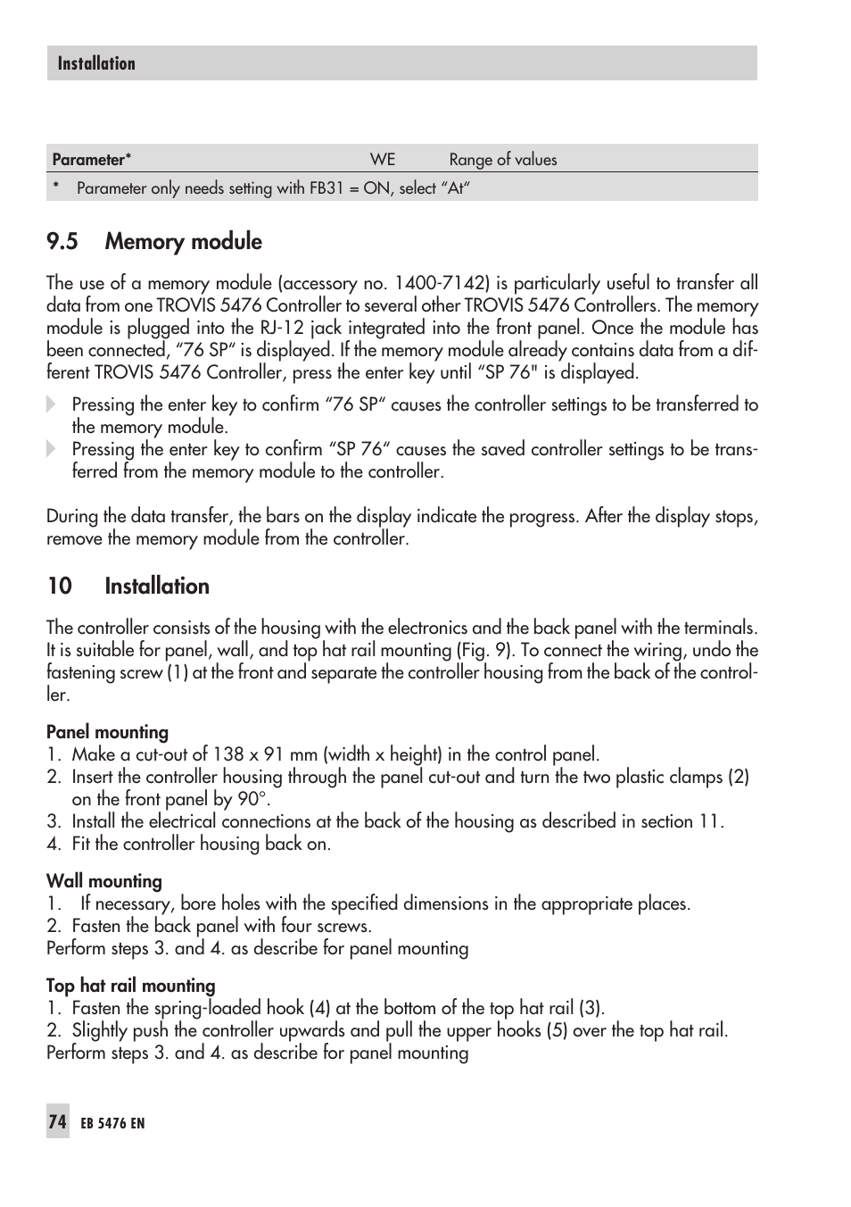5 memory module 74, 10 instal la tion 74, Pa nel moun ting 74 | Top hat rail moun ting 74, Wall moun ting 74, Me mo ry mo du le 74, Memory module, Installation | Samson 5476 User Manual | Page 74 / 114