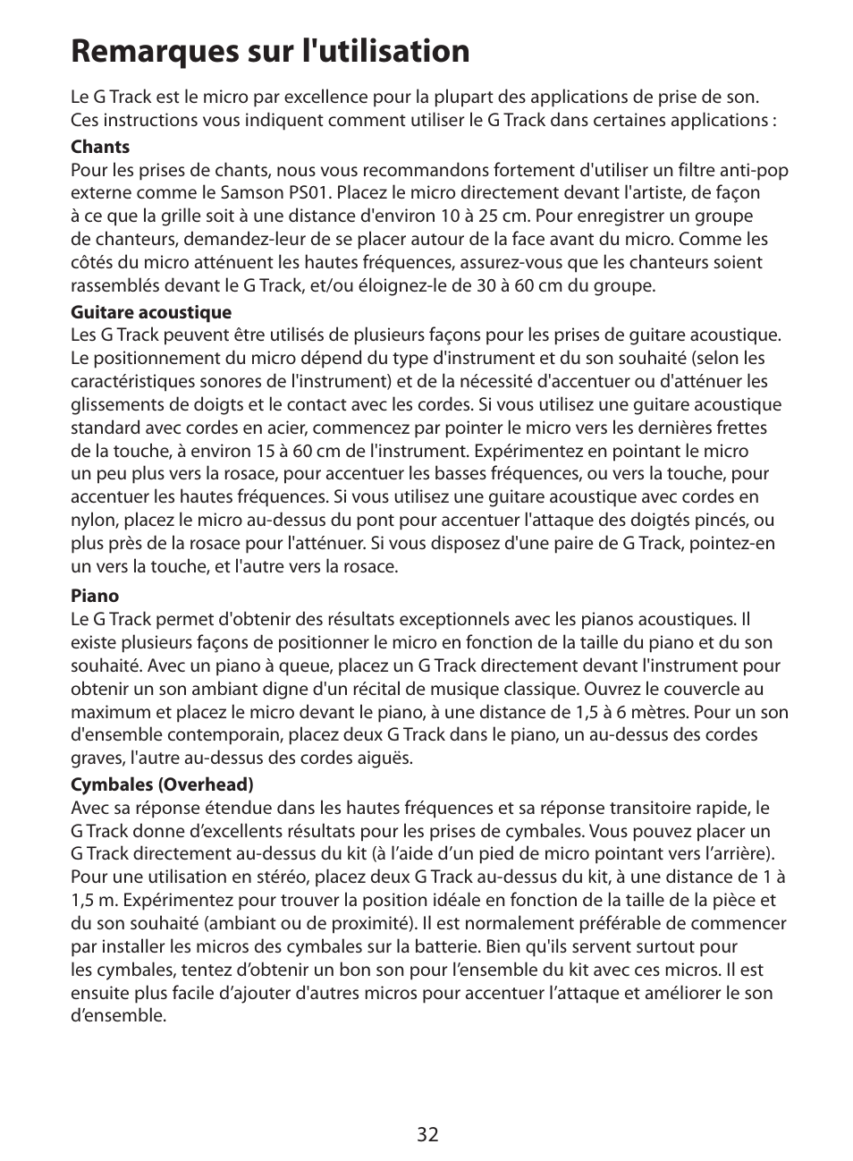 Remarques sur l'utilisation | Samson G Track User Manual | Page 34 / 88