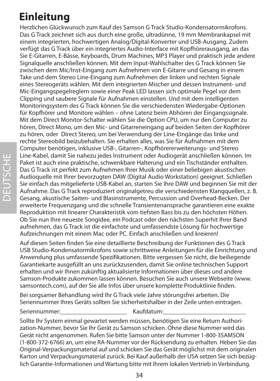 Einleitung, Deut sche | Samson G Track User Manual | Page 36 / 88