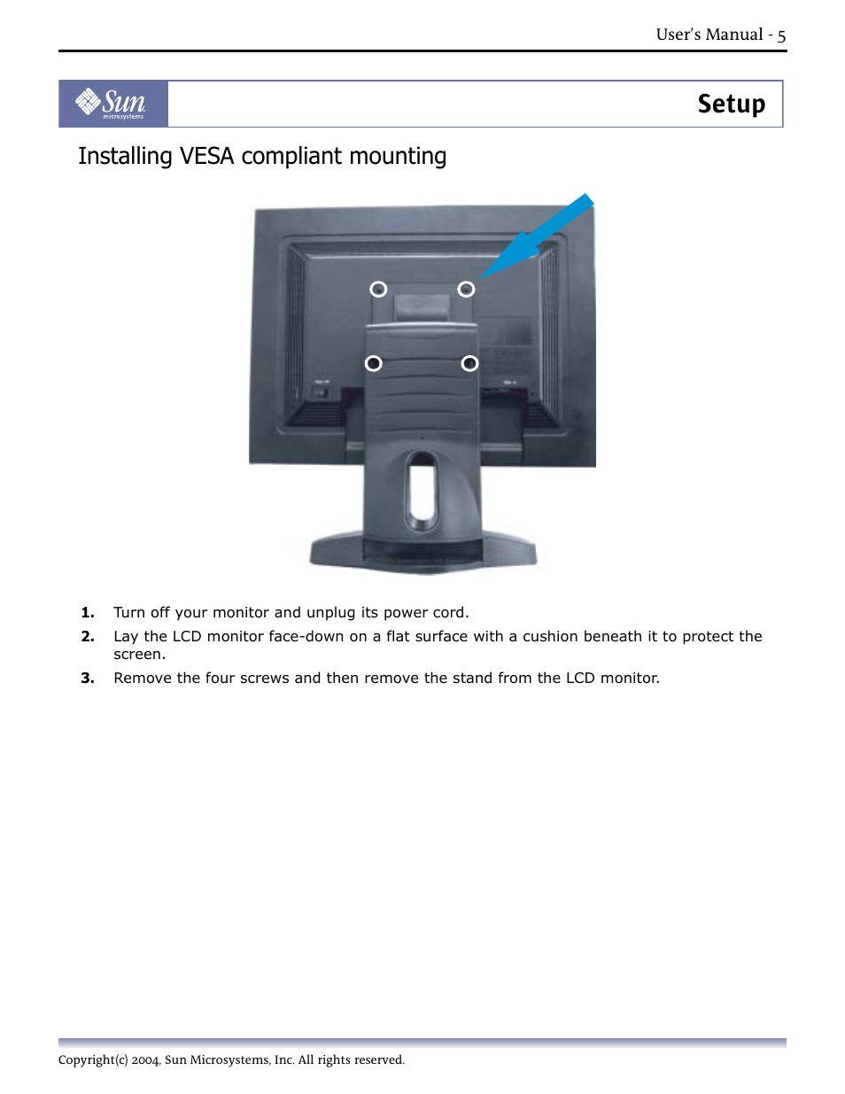 Installing vesa compliant mounting, 2.installing vesa compliant mounting, Setup | Sun Microsystems Computer Monitor User Manual | Page 15 / 43