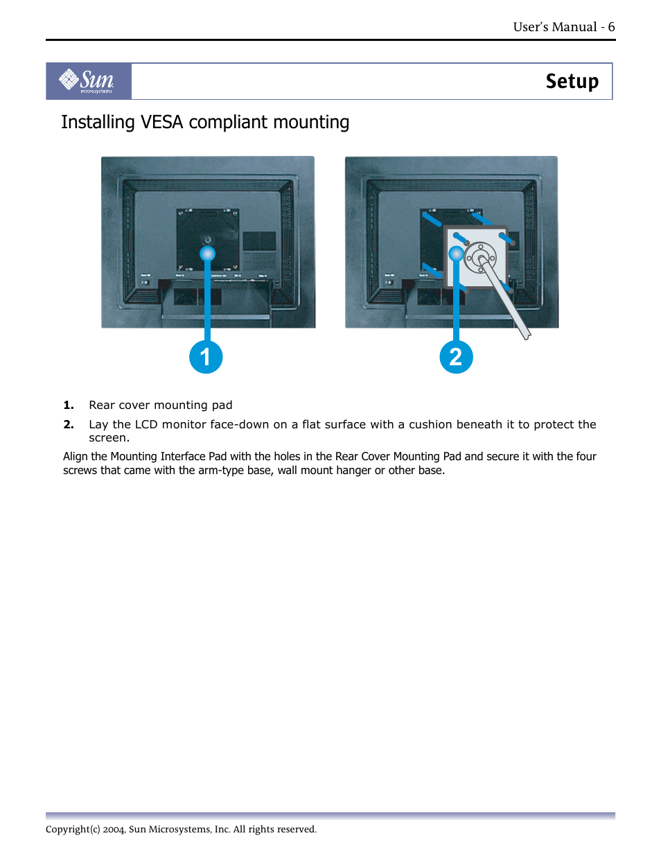 Setup, Installing vesa compliant mounting | Sun Microsystems Computer Monitor User Manual | Page 16 / 43