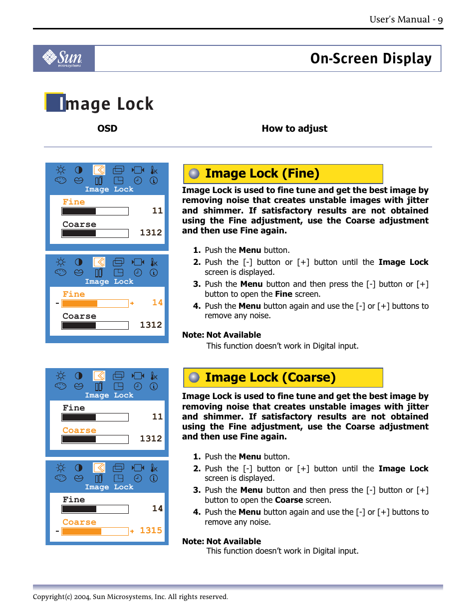 Image lock (fine), Image lock (coarse), Image lock | On-screen display | Sun Microsystems Computer Monitor User Manual | Page 19 / 43