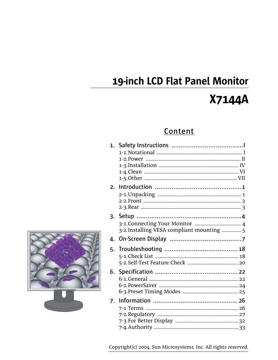 Inch lcd flat panel monitor, X7144a, Content | Sun Microsystems Computer Monitor User Manual | Page 2 / 43