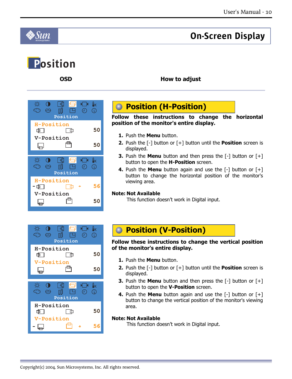 Position (h-position), Position (v-position), Position | On-screen display | Sun Microsystems Computer Monitor User Manual | Page 20 / 43