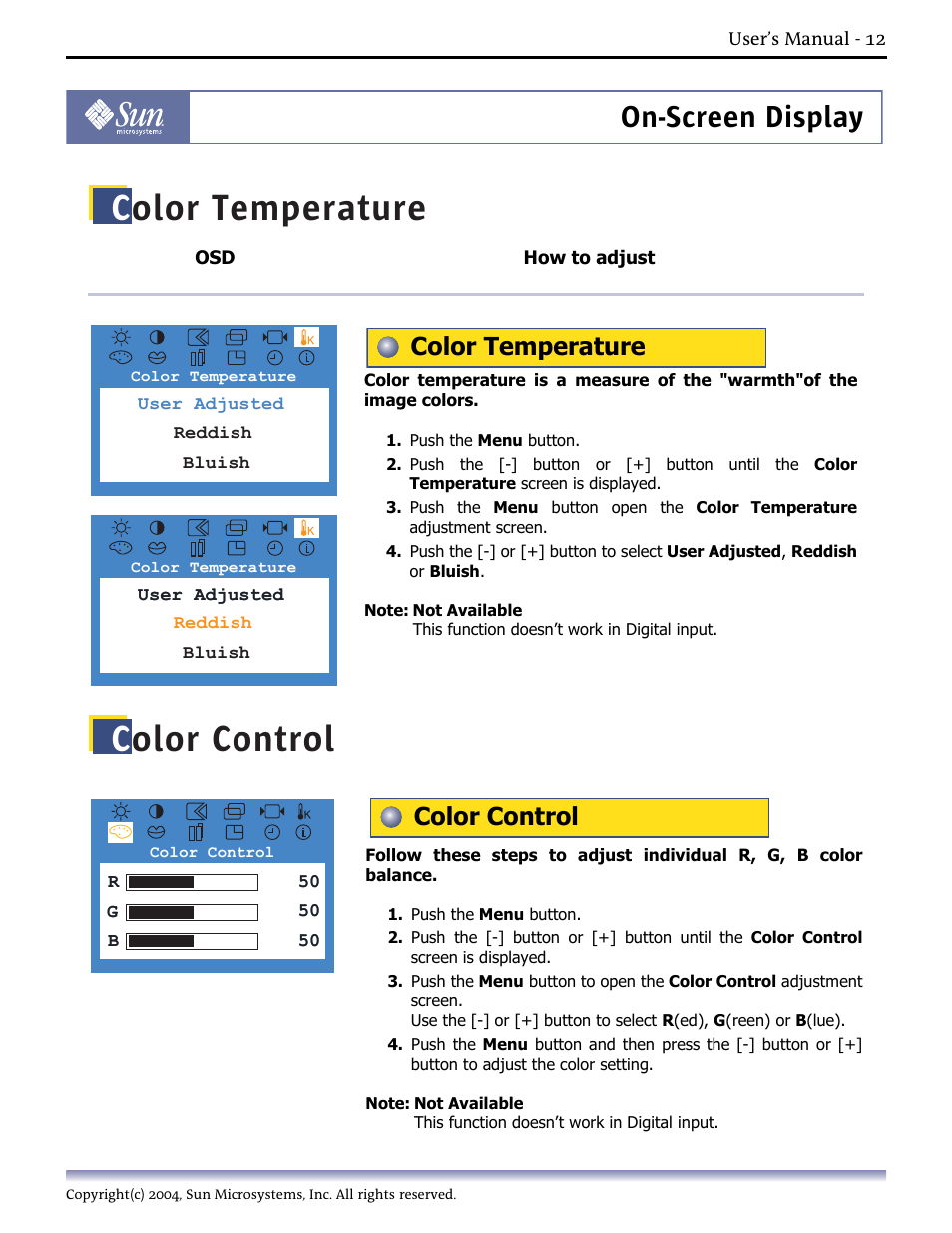 Color temperature, Color control, On-screen display | Sun Microsystems Computer Monitor User Manual | Page 22 / 43