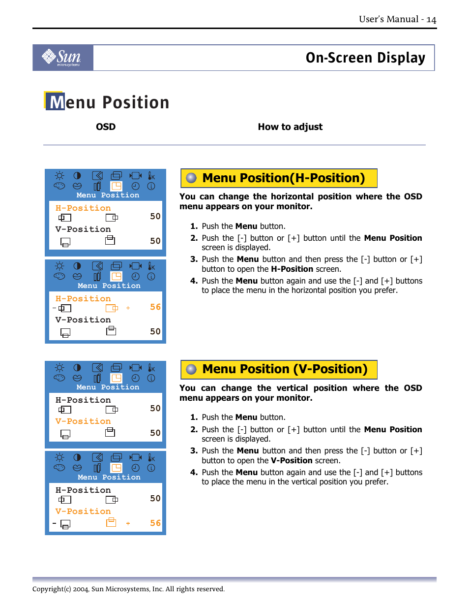 Menu position(h-position), Menu position (v-position), Menu position | On-screen display | Sun Microsystems Computer Monitor User Manual | Page 24 / 43