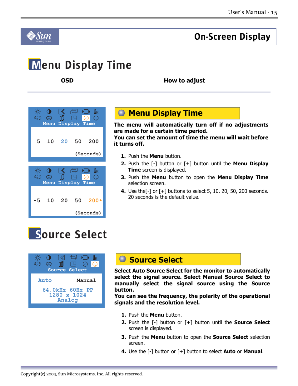 Menu display time, Source select, On-screen display | Sun Microsystems Computer Monitor User Manual | Page 25 / 43