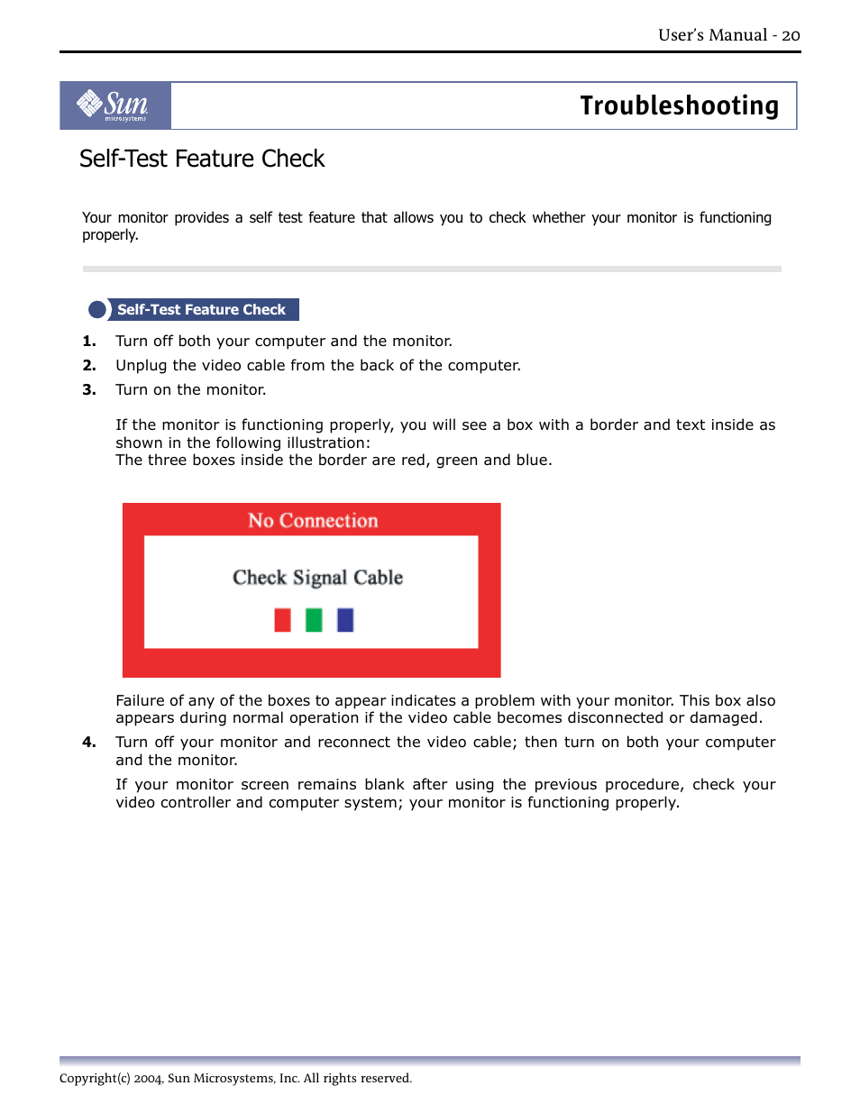 Self-test feature check, 2.self-test feature check, Troubleshooting | Sun Microsystems Computer Monitor User Manual | Page 30 / 43