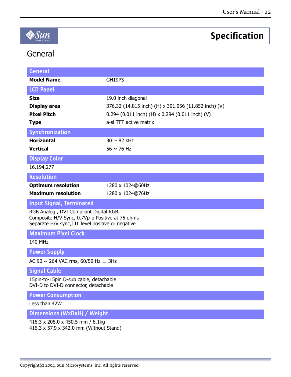 Specification, General, 1.general | Sun Microsystems Computer Monitor User Manual | Page 32 / 43