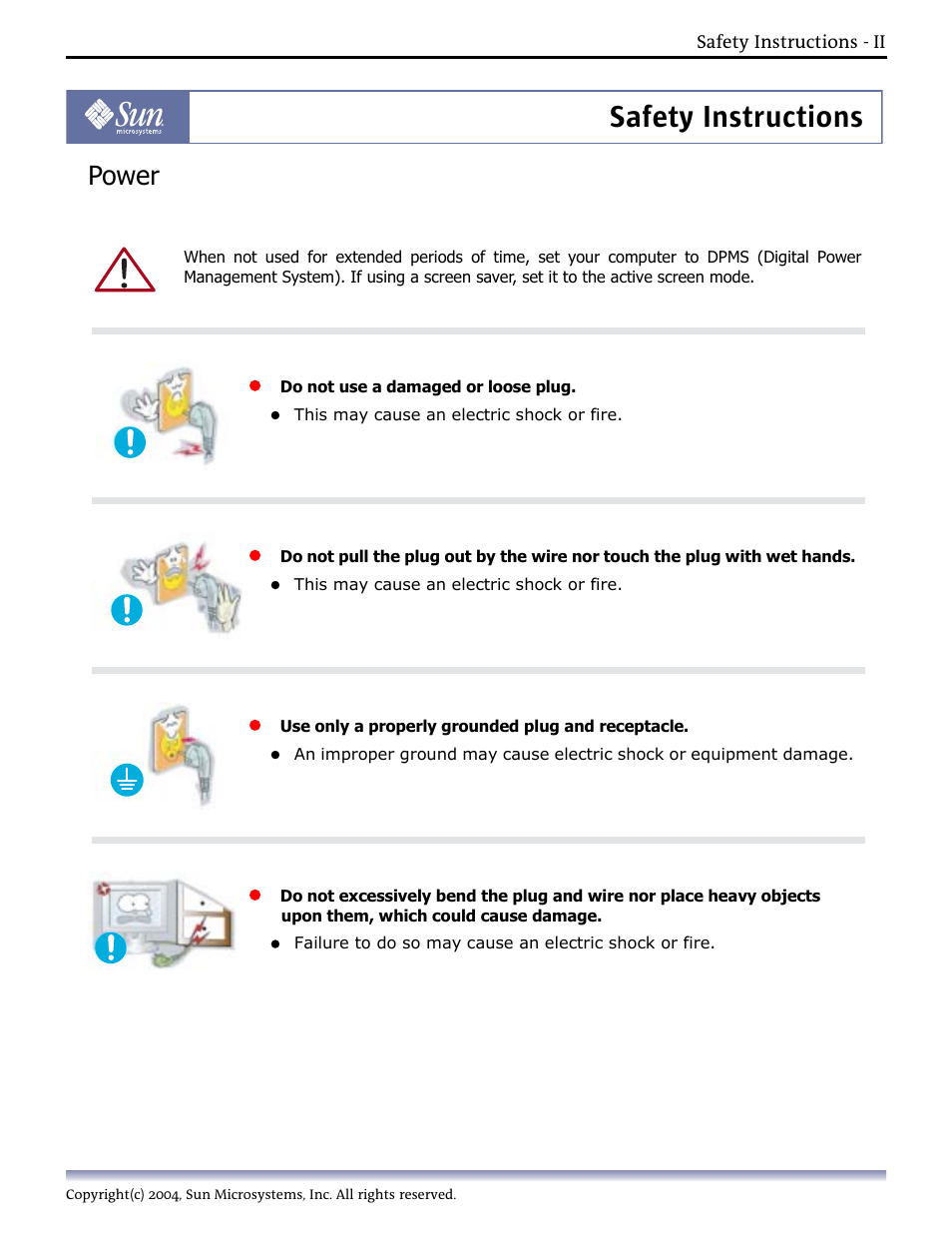 Power, Safety instructions | Sun Microsystems Computer Monitor User Manual | Page 4 / 43