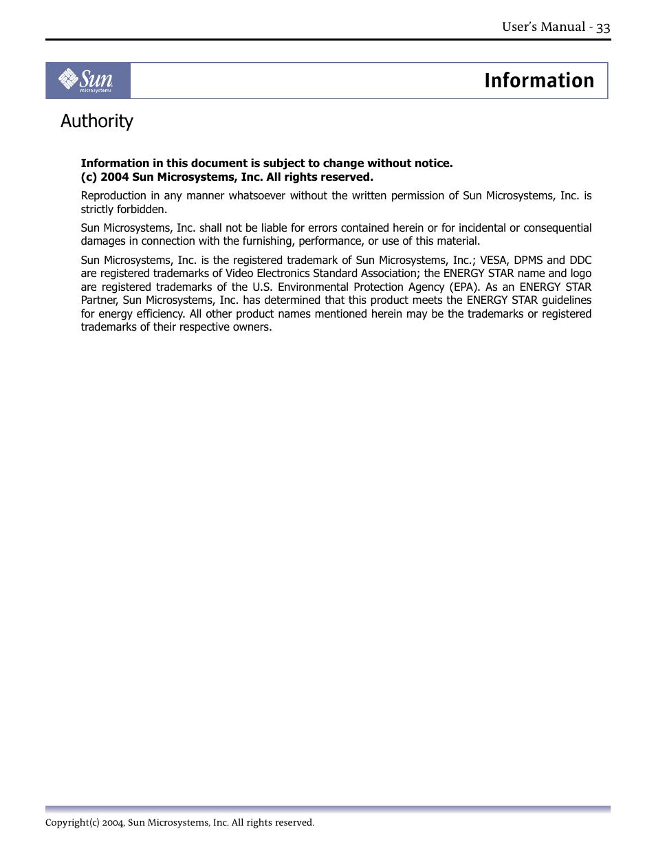 Authority, Information | Sun Microsystems Computer Monitor User Manual | Page 43 / 43