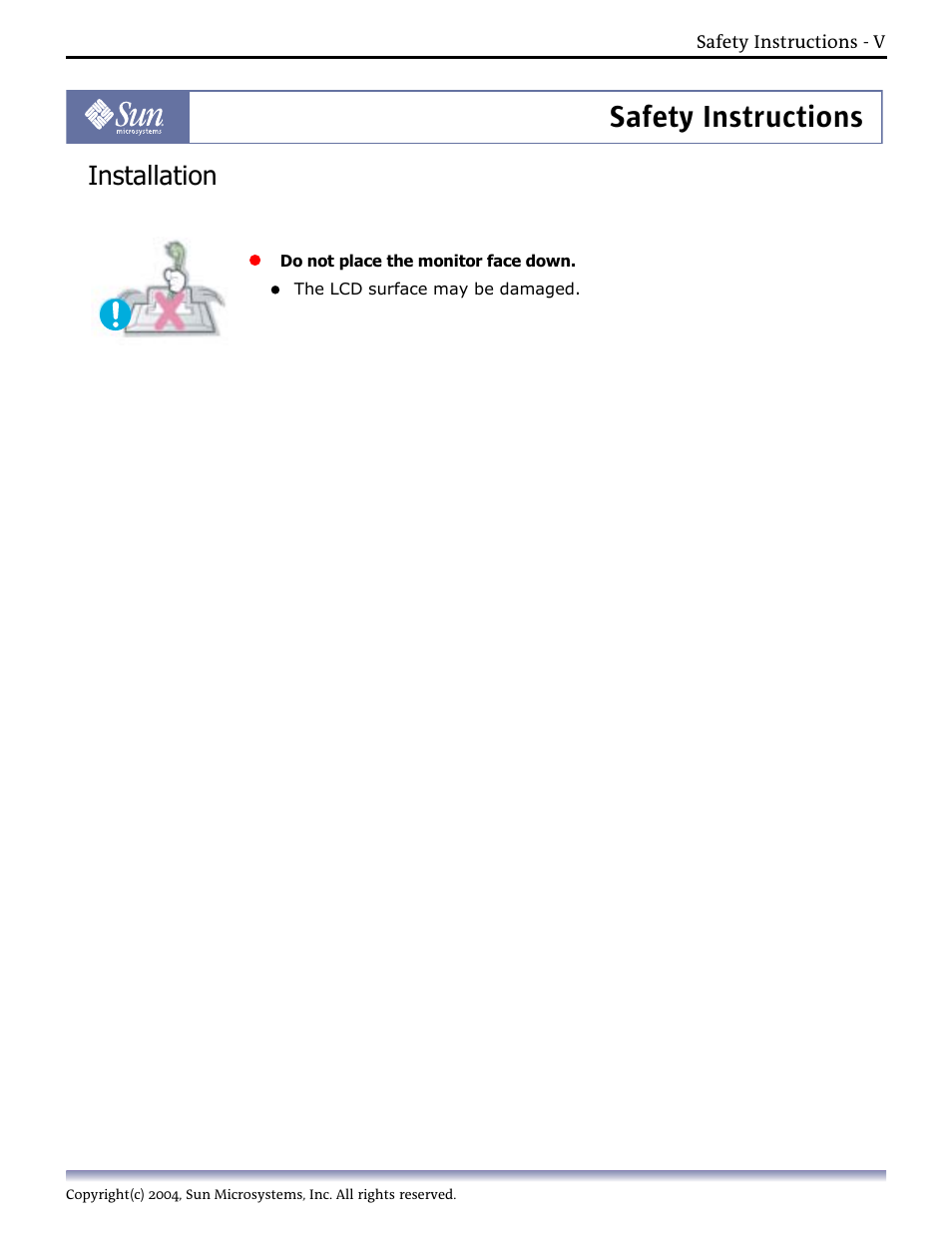 Safety instructions, Installation | Sun Microsystems Computer Monitor User Manual | Page 7 / 43