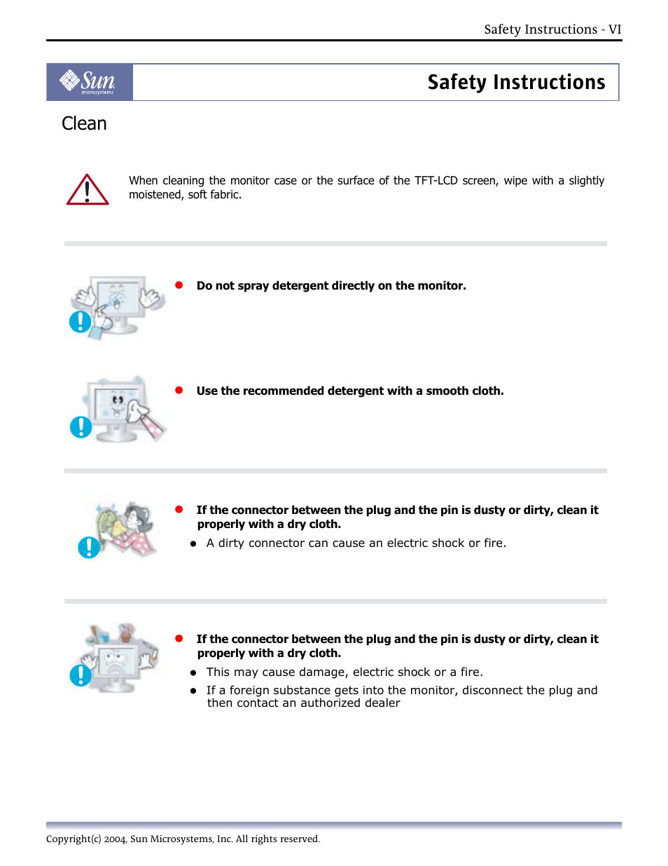 Clean, Safety instructions | Sun Microsystems Computer Monitor User Manual | Page 8 / 43