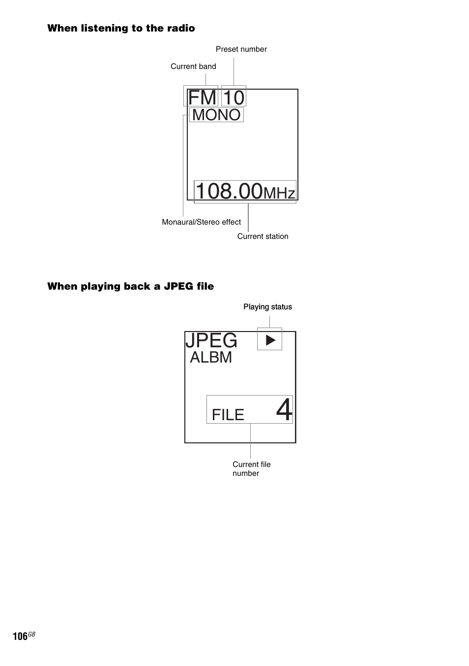 Fm 10, Jpeg, Mono | Albm, File | Sony DAV-LF1 User Manual | Page 106 / 116