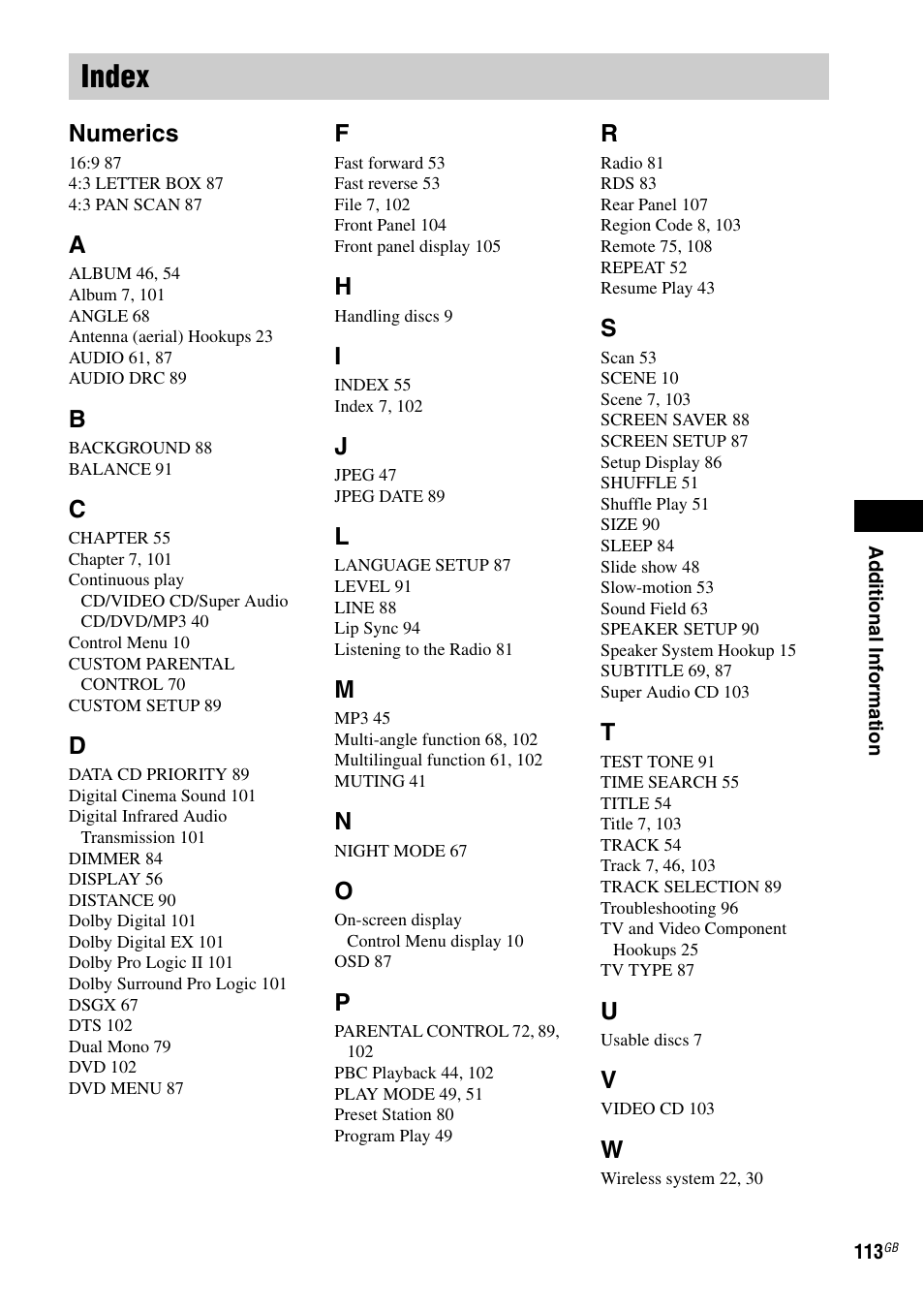 Index, Numerics | Sony DAV-LF1 User Manual | Page 113 / 116