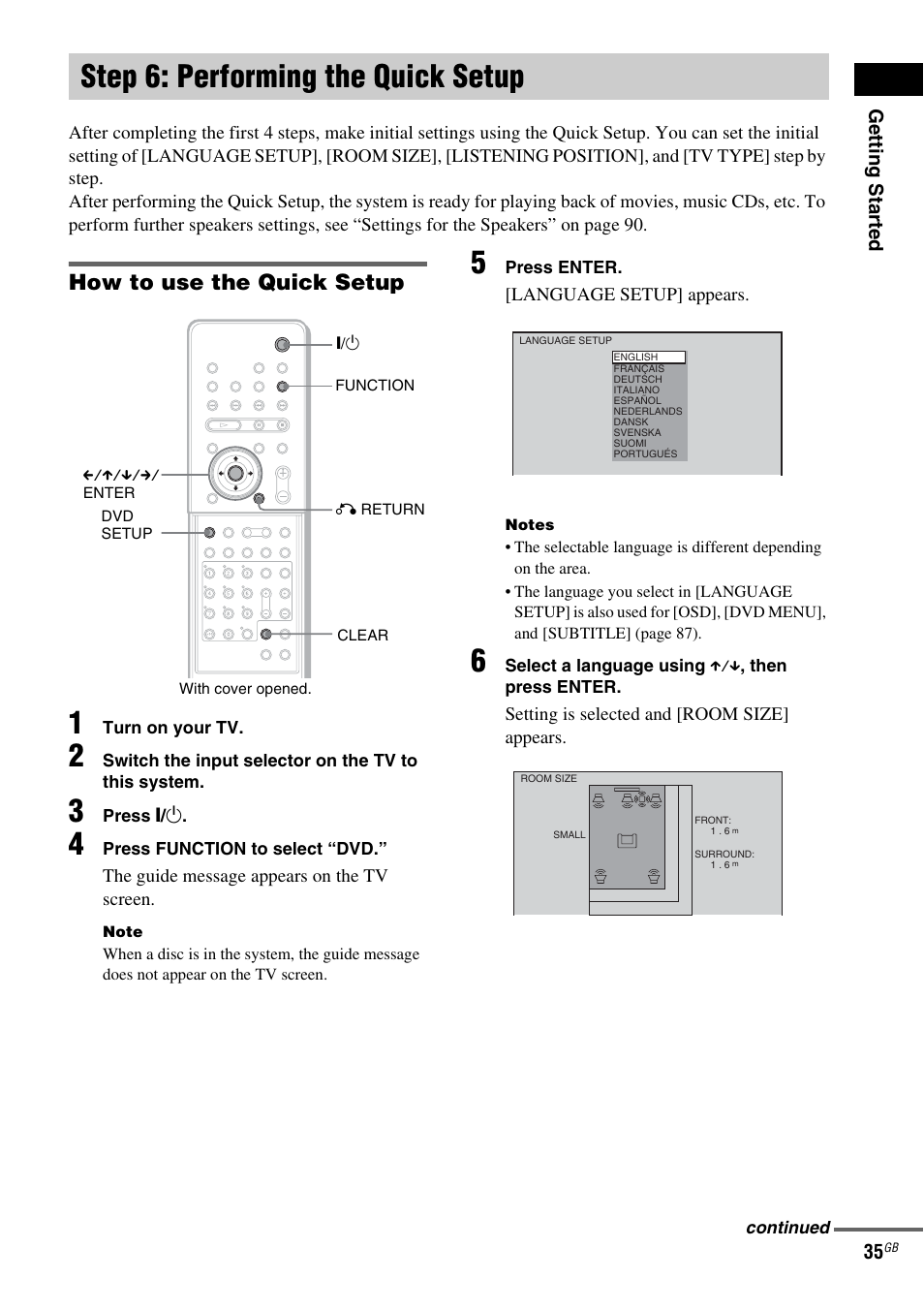 Step 6: performing the quick setup, How to use the quick setup, Getting star ted 35 | Sony DAV-LF1 User Manual | Page 35 / 116
