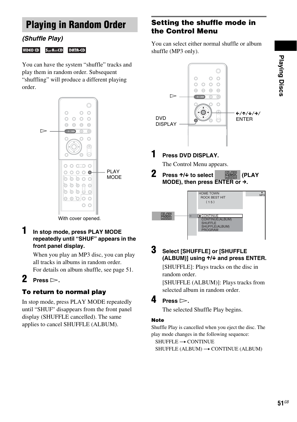 Playing in random order, Shuffle play), Setting the shuffle mode in the control menu | Sony DAV-LF1 User Manual | Page 51 / 116