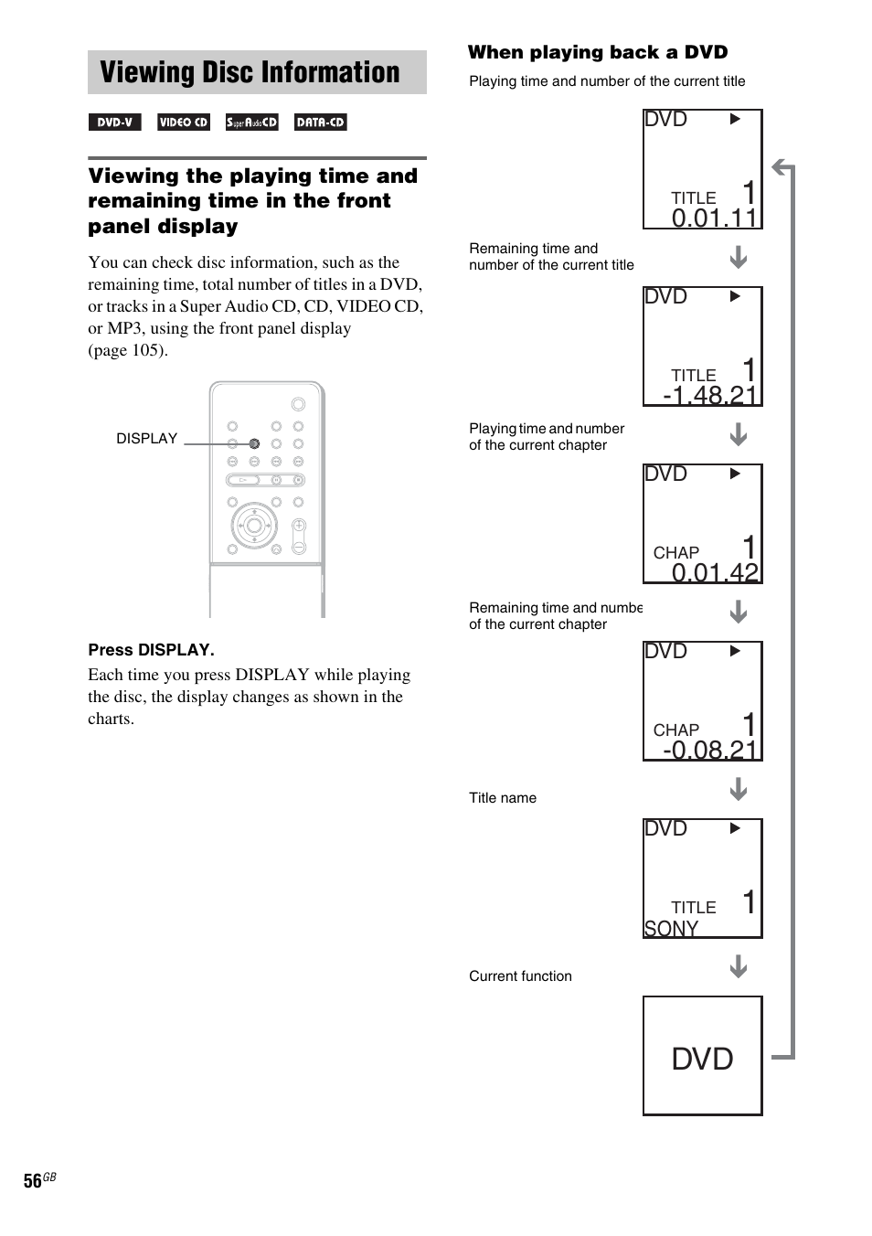 Viewing disc information | Sony DAV-LF1 User Manual | Page 56 / 116