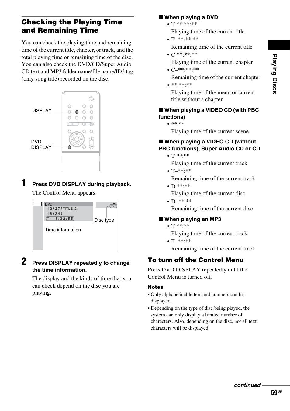 Checking the playing time and remaining time | Sony DAV-LF1 User Manual | Page 59 / 116