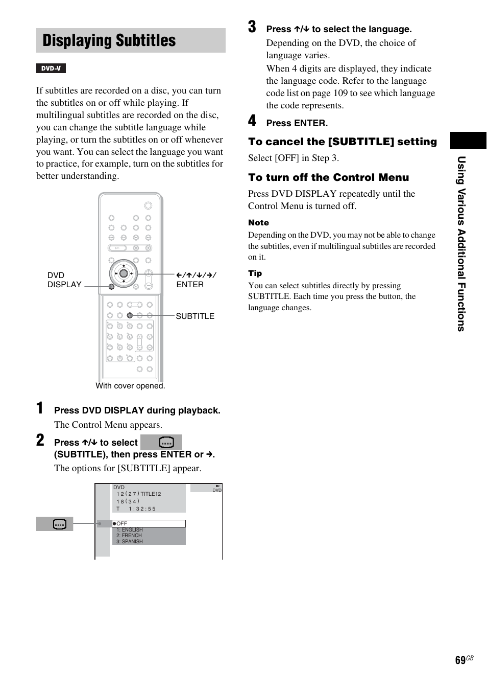 Displaying subtitles | Sony DAV-LF1 User Manual | Page 69 / 116